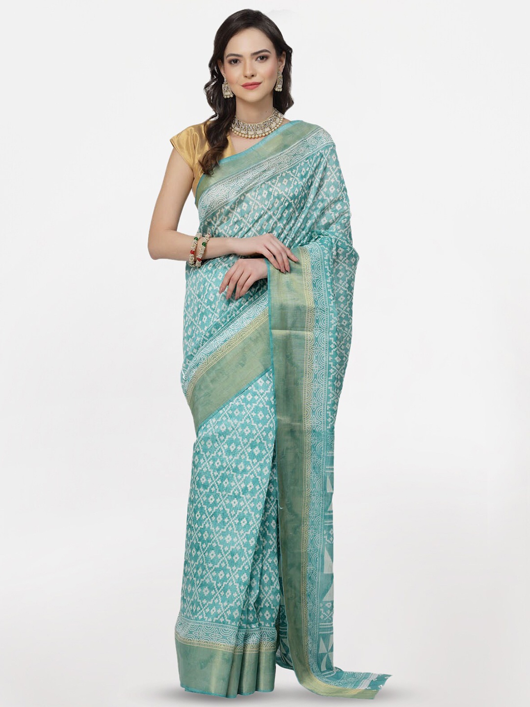 

KALINI Printed Zari Pure Cotton Saree, Blue