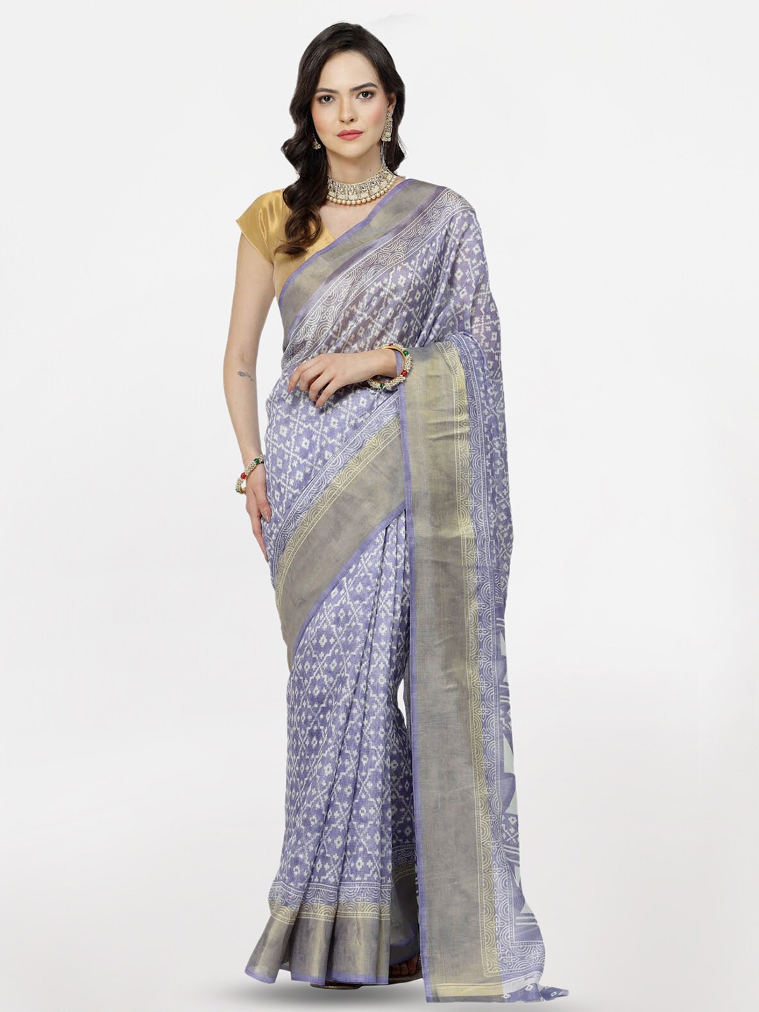 

KALINI Printed Zari Pure Cotton Saree, Grey