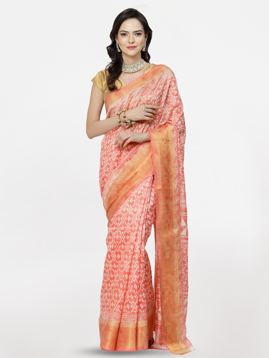 

KALINI Printed Zari Pure Cotton Saree, Peach