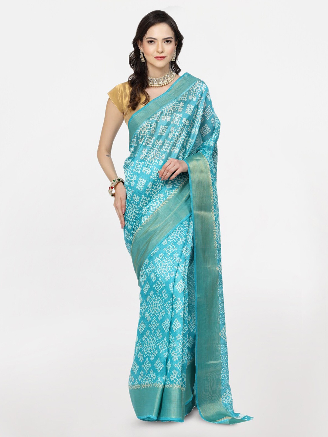 

KALINI Ethnic Motifs Zari Pure Cotton Saree, Blue