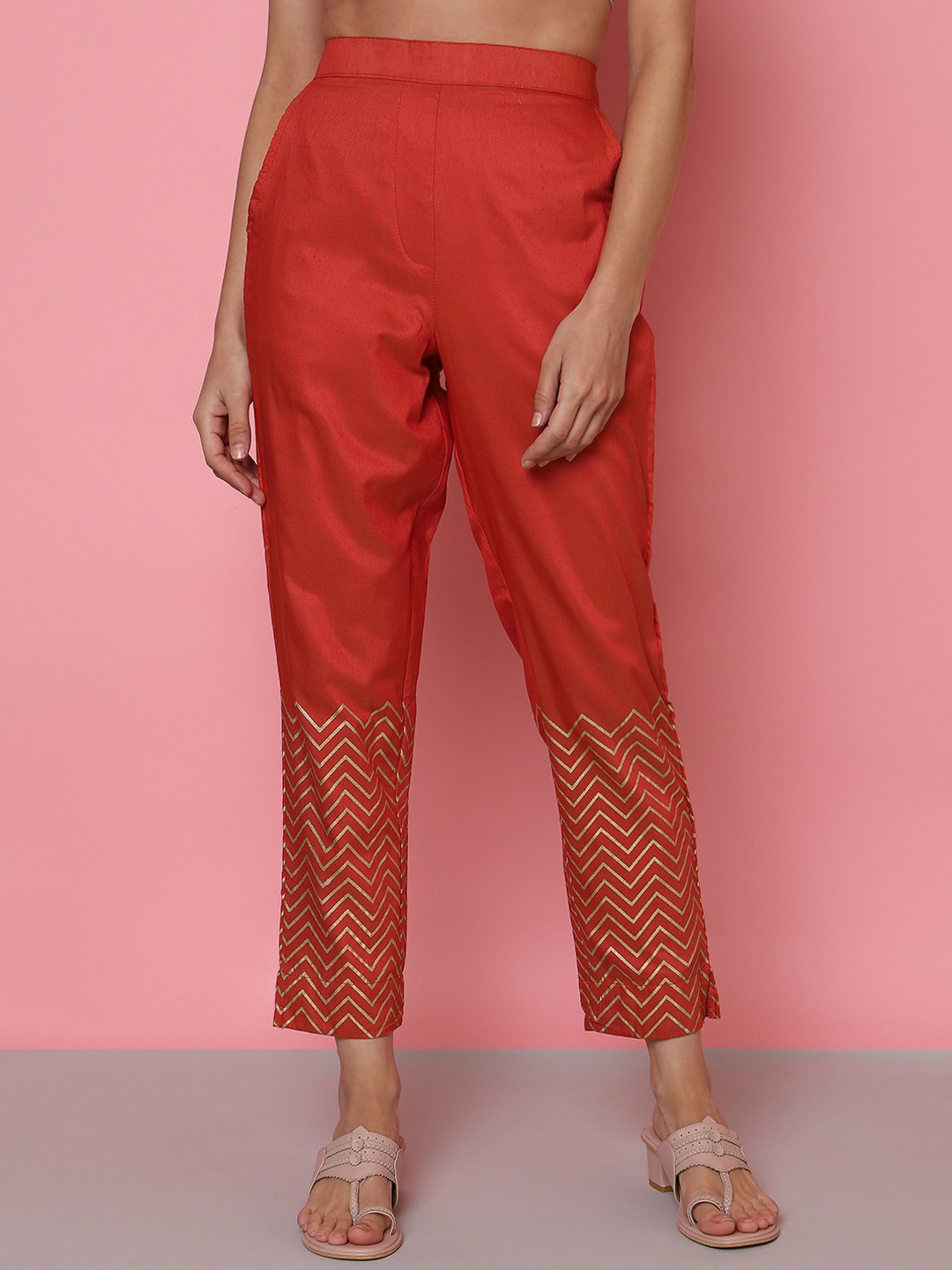 

Indifusion Women Geometric Printed Comfort Easy Wash Cigarette Trousers, Red