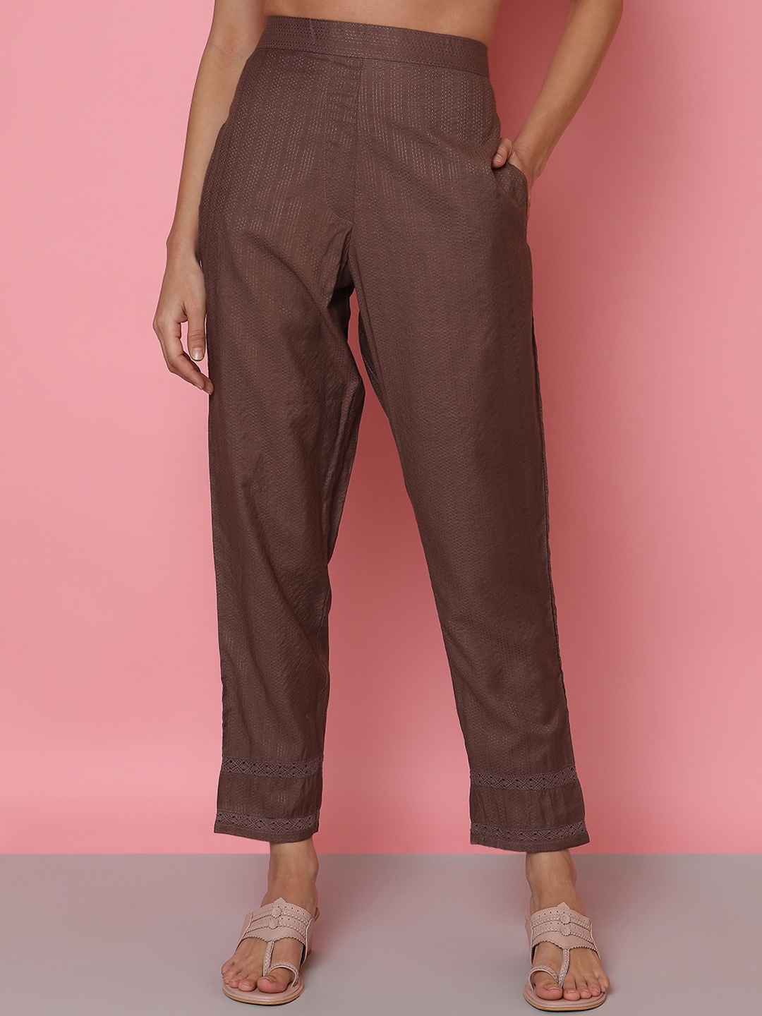 

Indifusion Women Comfort Easy Wash Cigarette Trousers, Brown