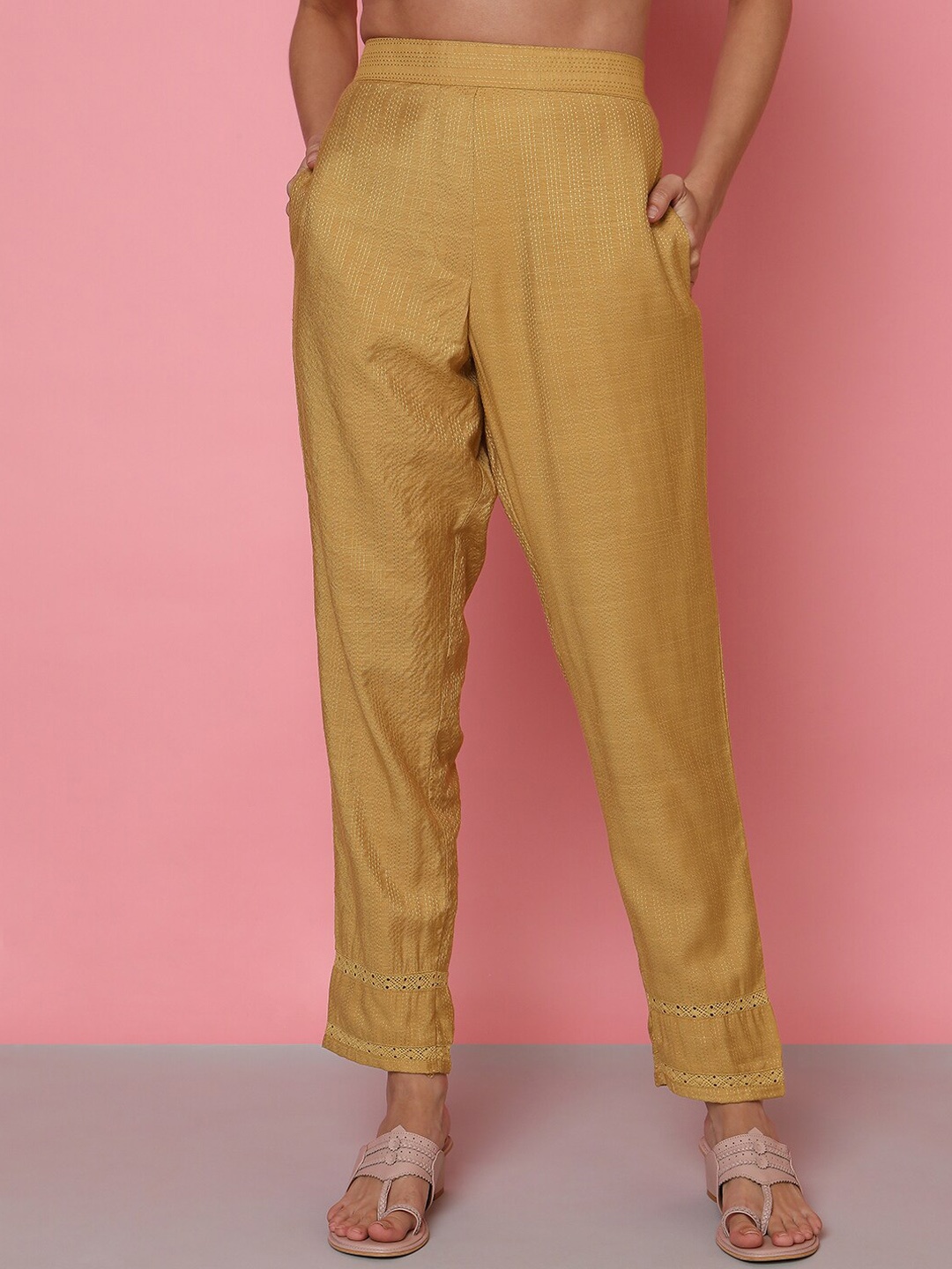 

Indifusion Women Comfort Easy Wash Cigarette Trousers, Gold