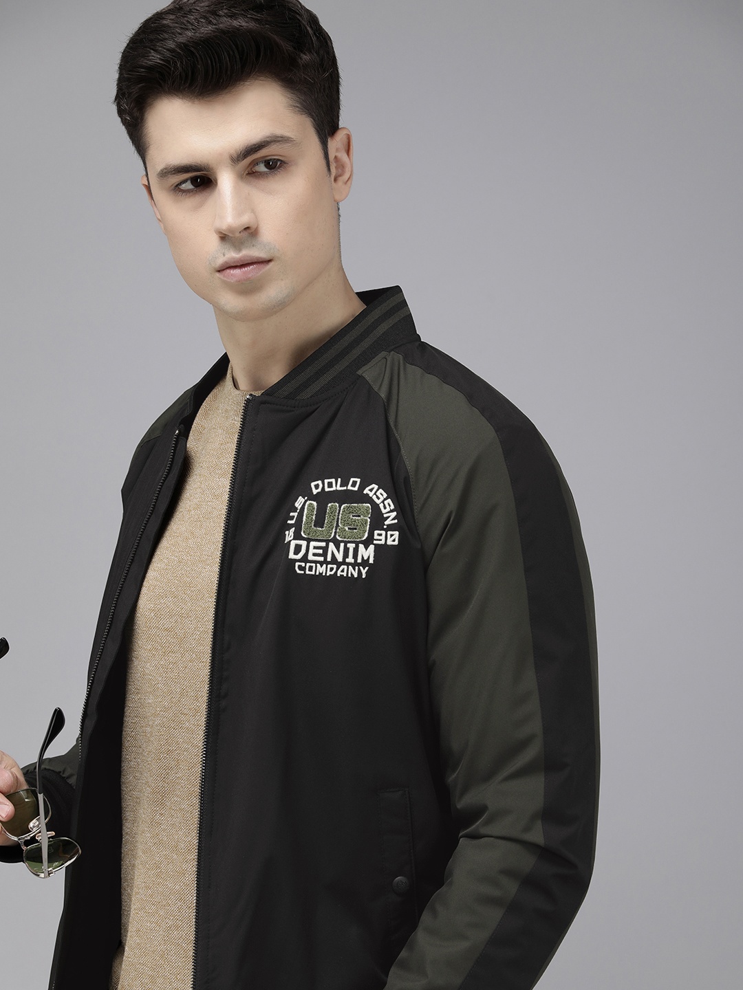 

U S Polo Assn Denim Co Brand Logo Embroidered Stand-Collar Bomber Jacket, Black