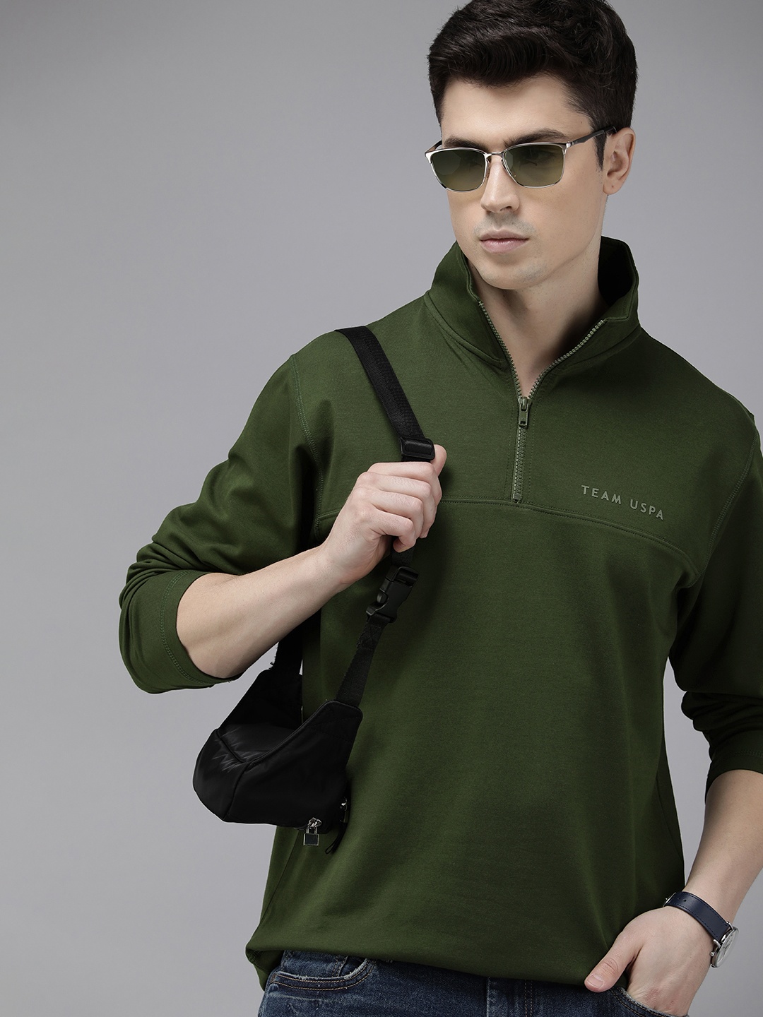 

U.S. Polo Assn. Denim Co. Mock Collar Full Sleeves Half Zipper Sweatshirt, Olive