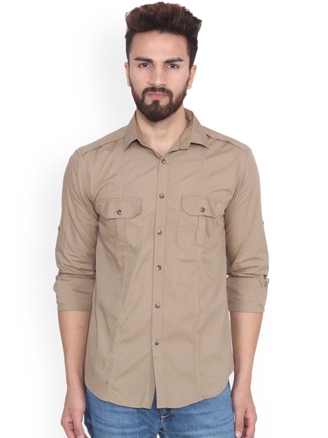 

Hangup Men Beige Regular Fit Solid Casual Shirt