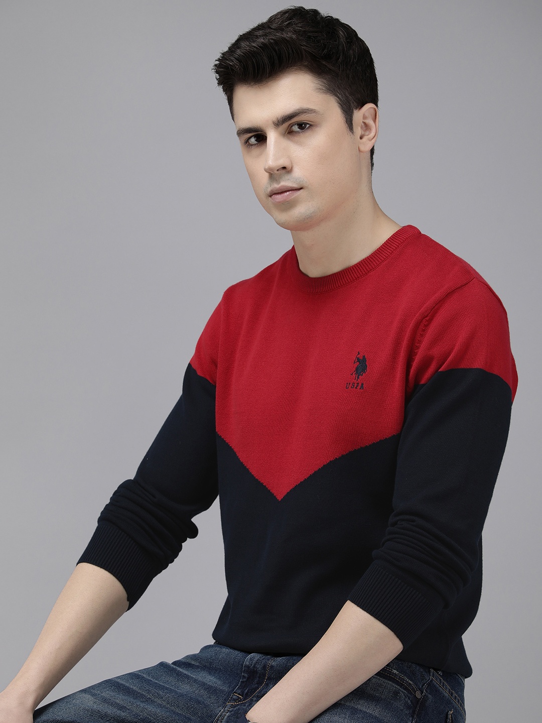 

U.S. Polo Assn. Pure Cotton Full Sleeves Round Neck Colourblocked Sweaters, Red