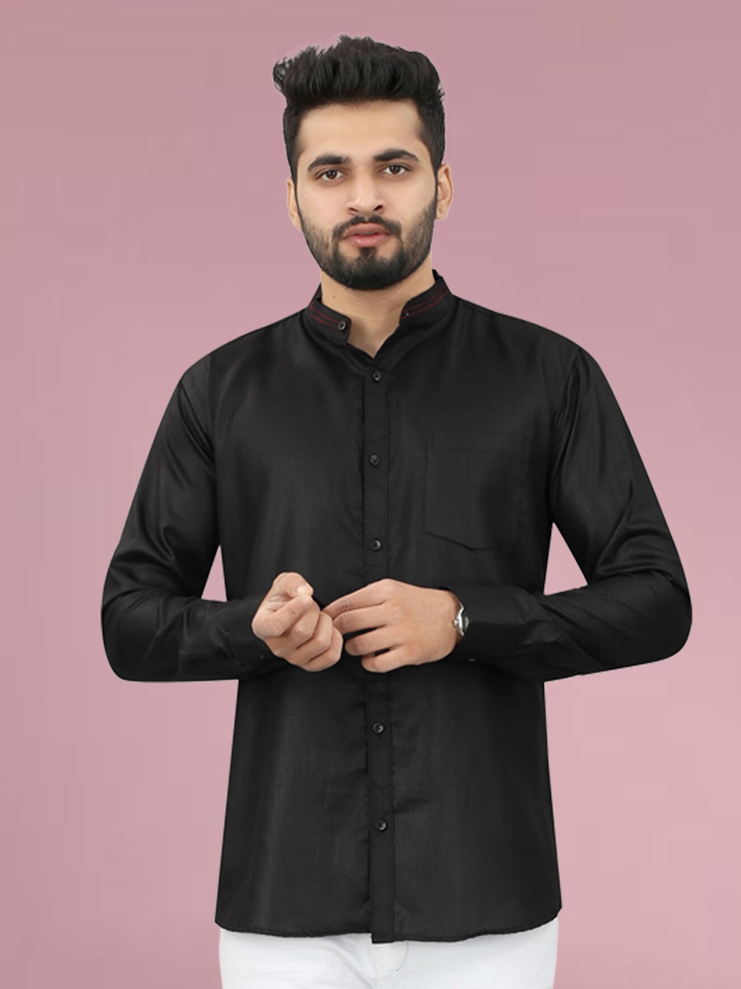 

N N ENTERPRISE Mandarin Collar India Slim Fit Opaque Casual Shirt, Black