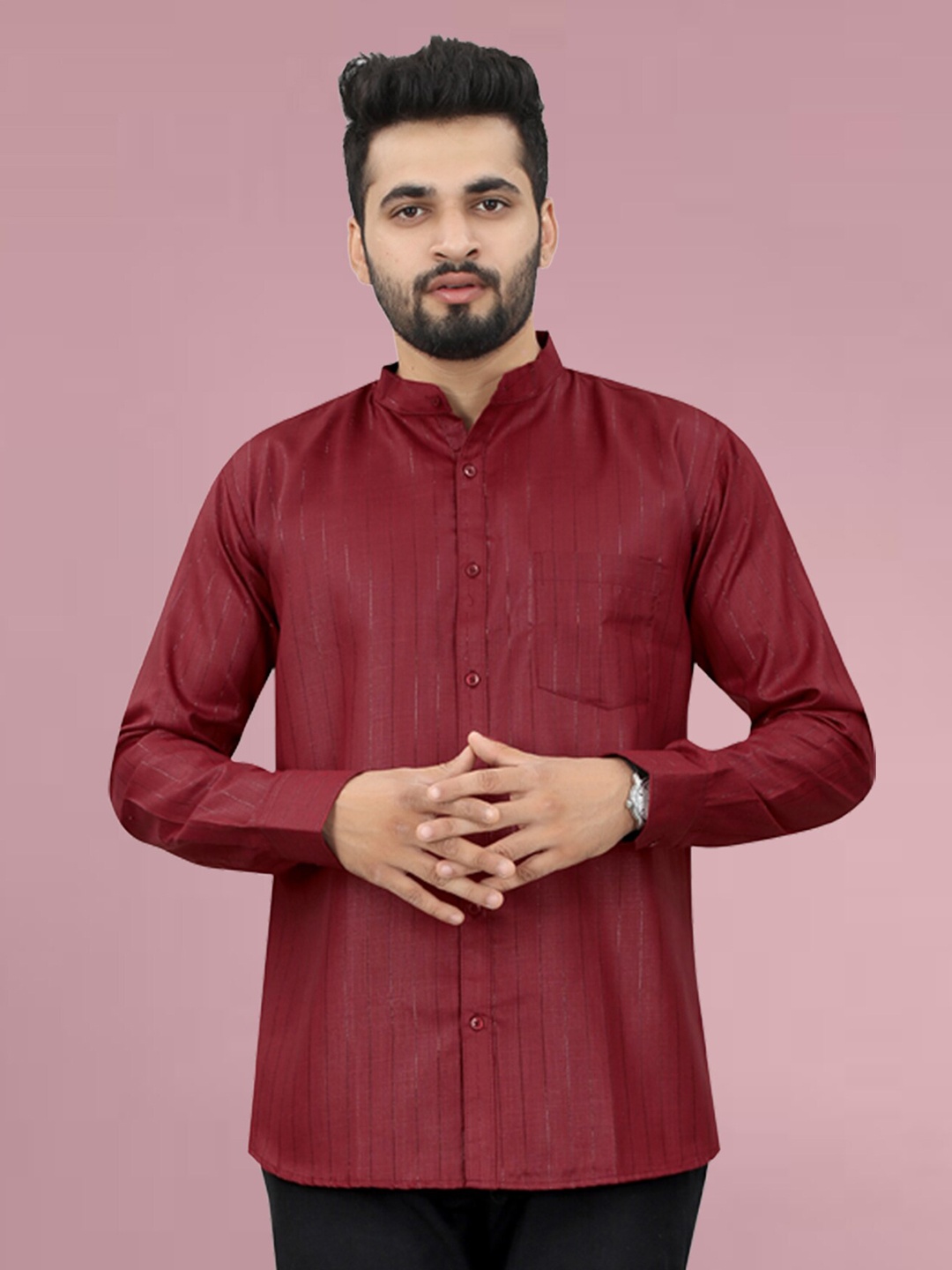 

N N ENTERPRISE Mandarin Collar India Slim Fit Opaque Casual Shirt, Maroon