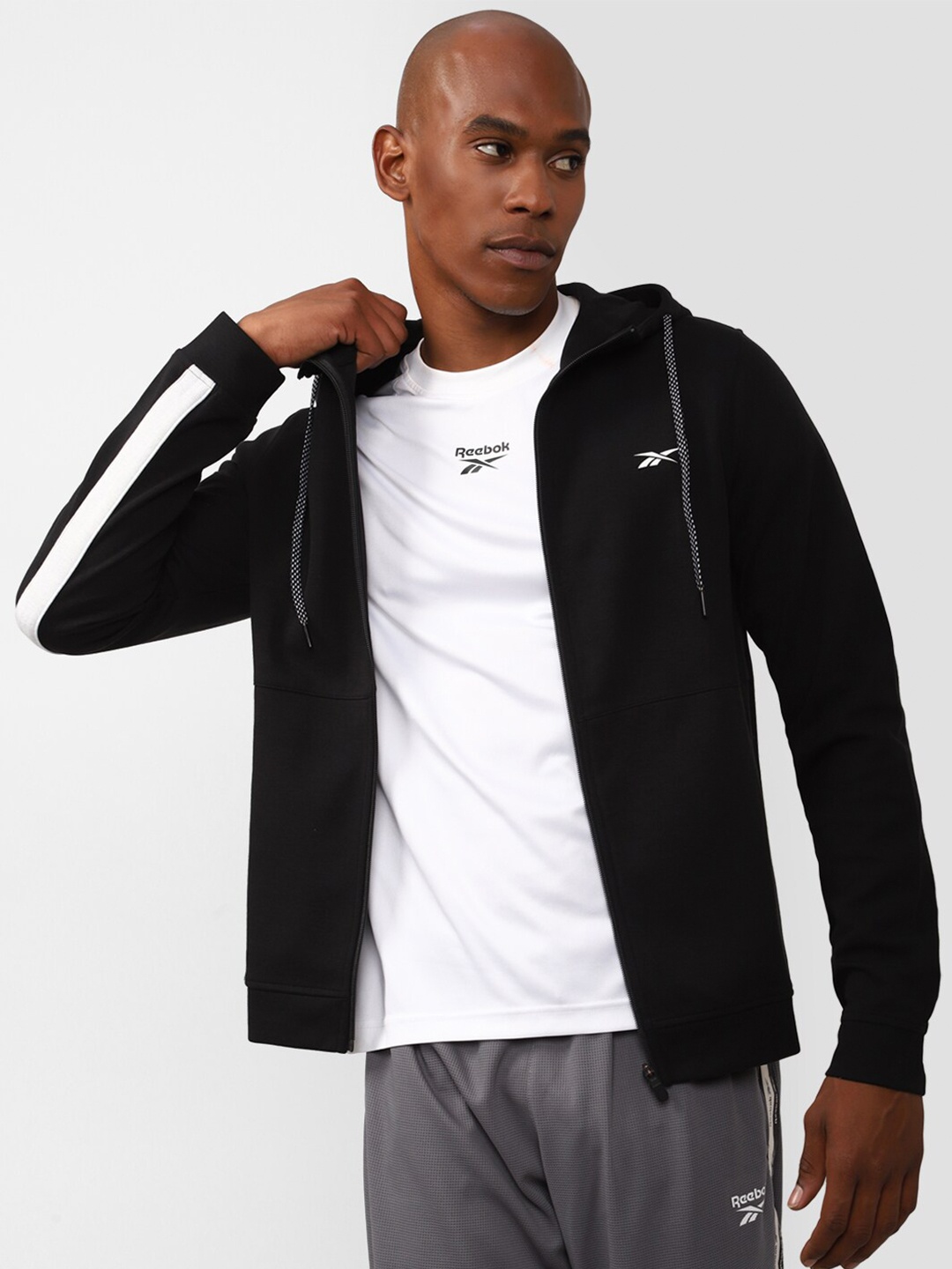 

Reebok Men Training Workout Double Knit Full Zip Hooded Sweatshirt, Black