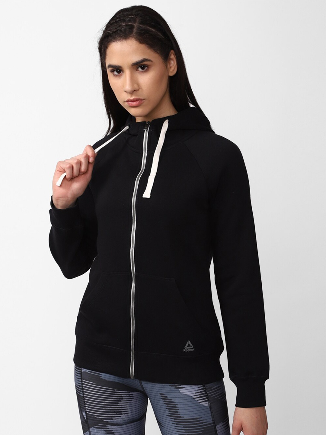 

Reebok Women Logo Embroidered Full Zip Hooded Sweatshirt, Black