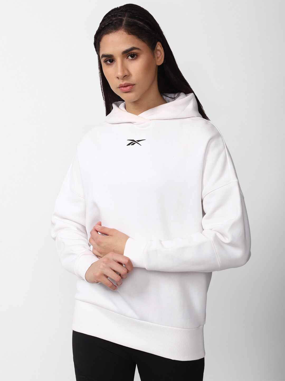 

Reebok Women Logo Printed Oversized Hooded Pullover Sweatshirt, White