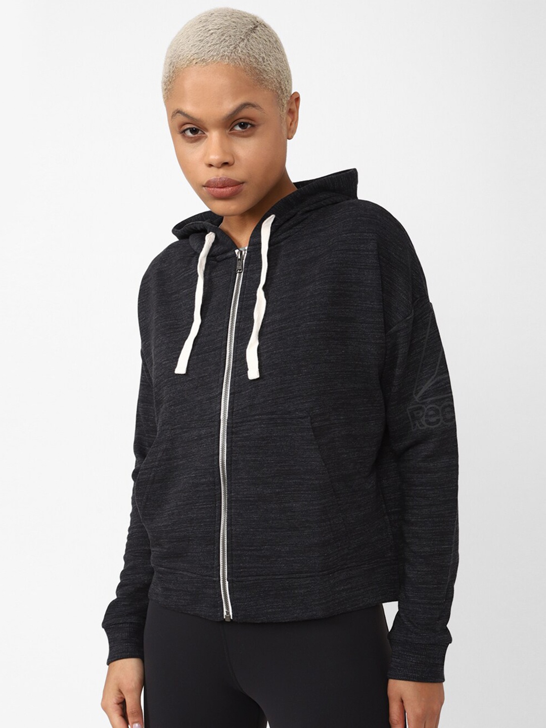 

Reebok Women TE Marble FZ Logo Printed Sweatshirt, Black