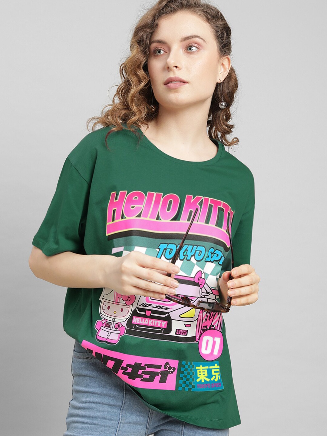 

Free Authority Typography Hello Kitty Printed Cotton Oversized T-Shirt, Green