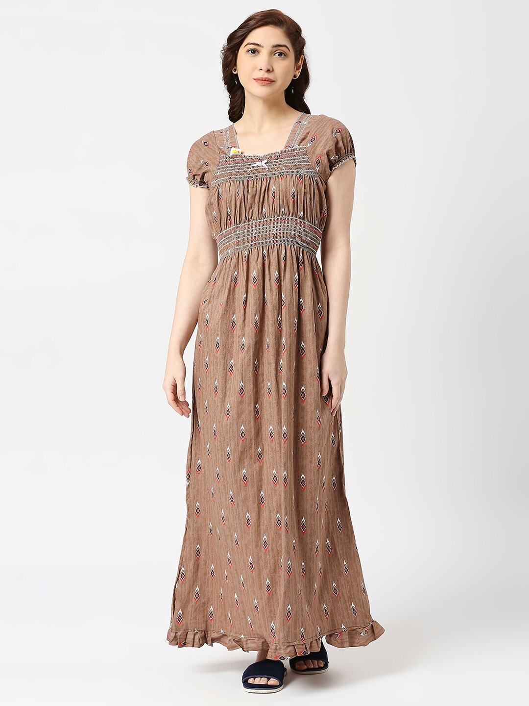 

Pretty Awesome Ethnic Motifs Printed Square Neck Pure Cotton Maxi Nightdress, Brown