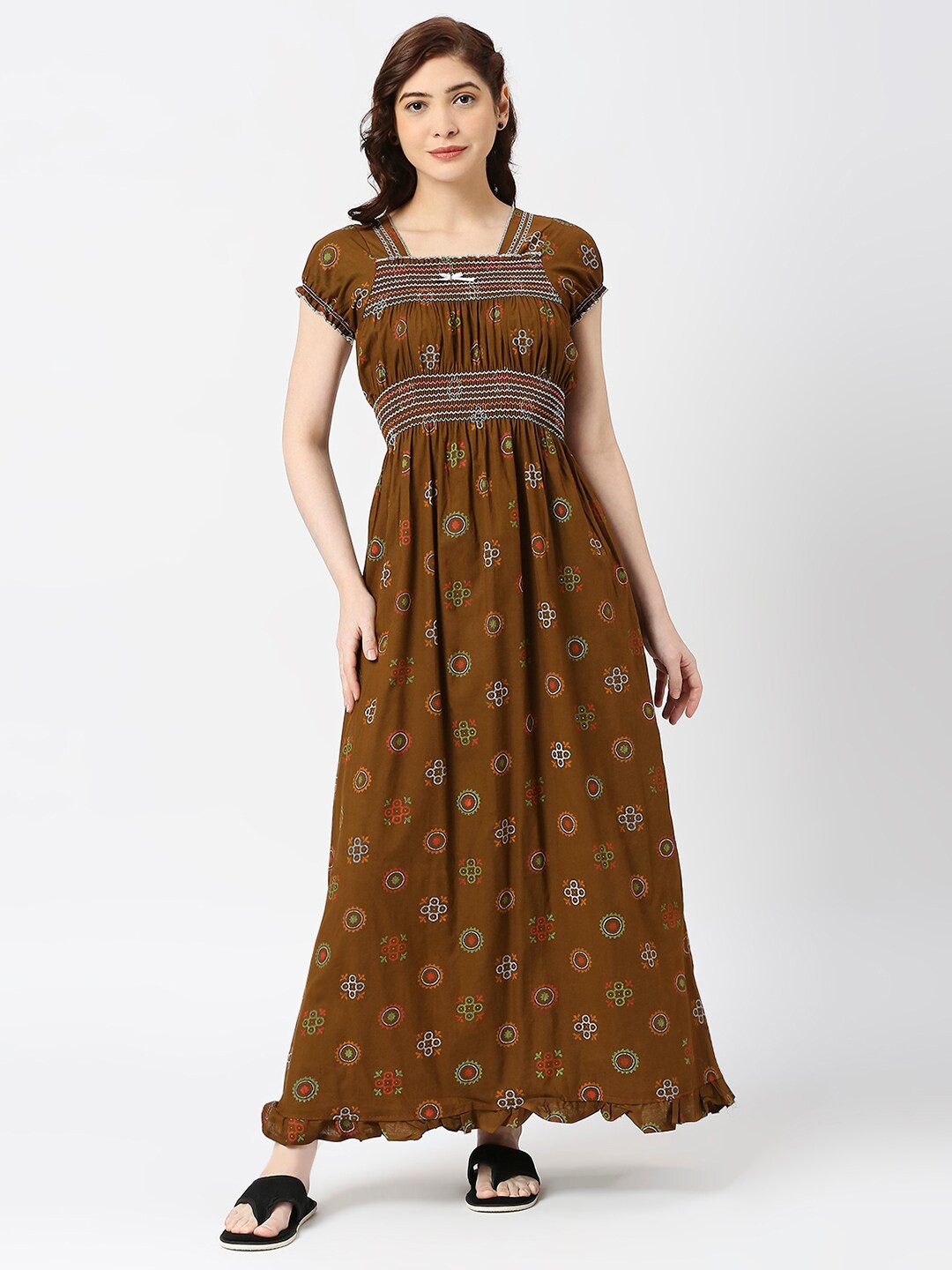 

Pretty Awesome Ethnic Motifs Printed Pure Cotton Maxi Nightdress, Brown