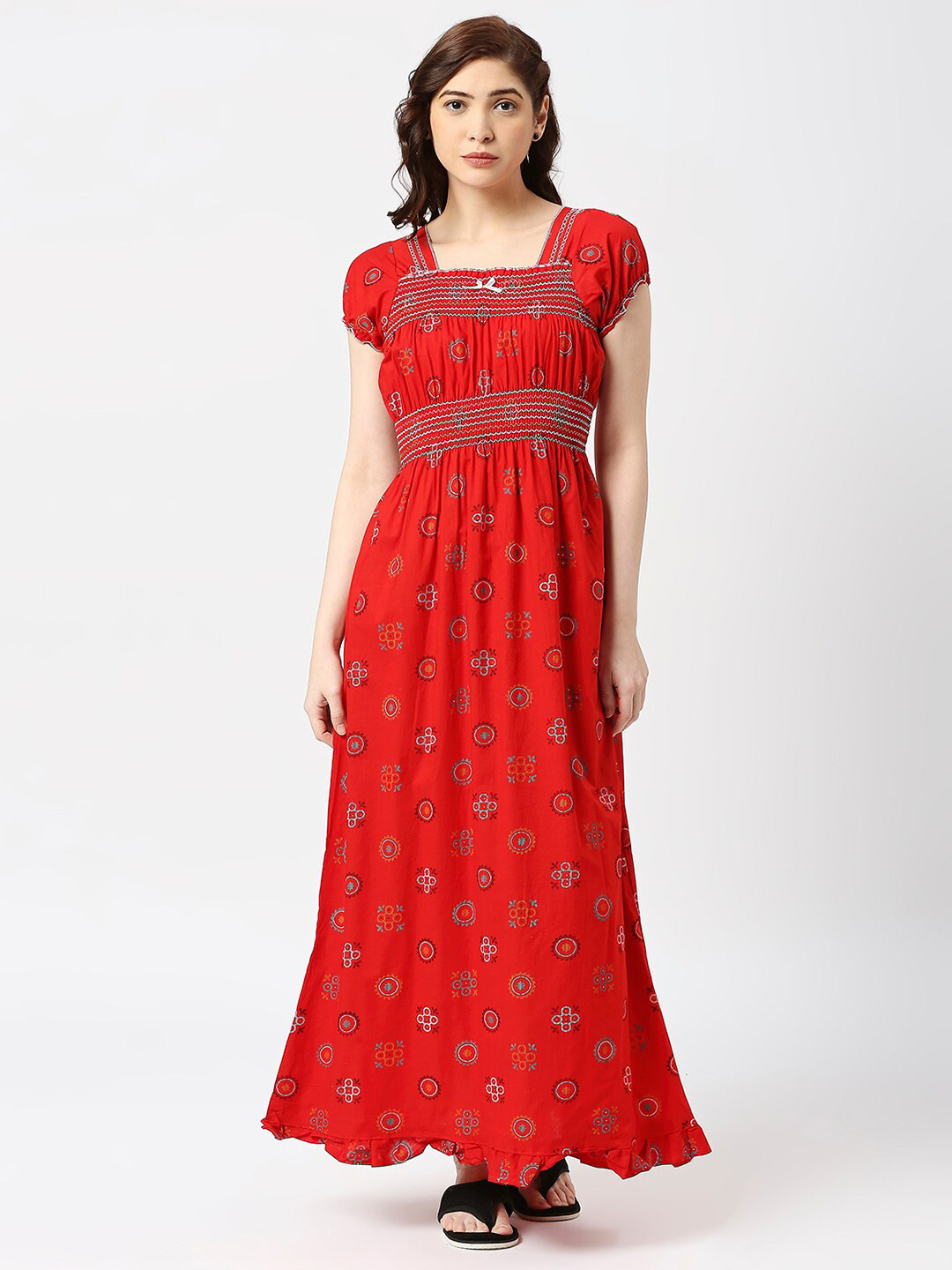 

Pretty Awesome Ethnic Motifs Printed Pure Cotton Maxi Nightdress, Red