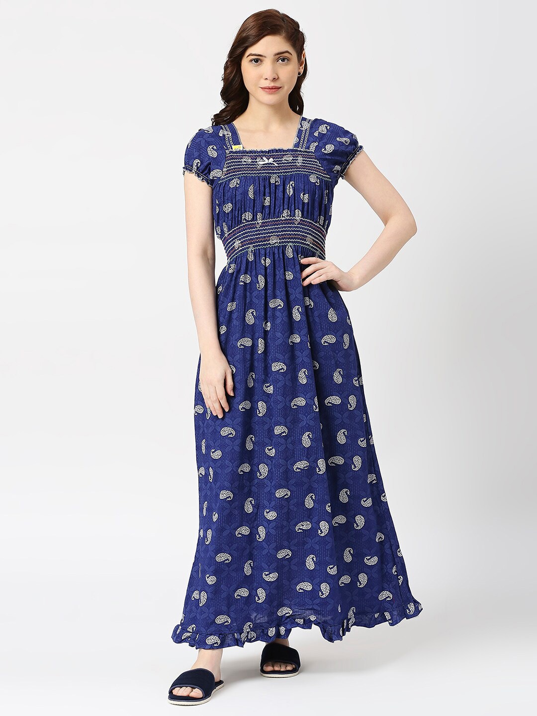 

Pretty Awesome Ethnic Motifs Printed Square Neck Pure Cotton Maxi Nightdress, Navy blue