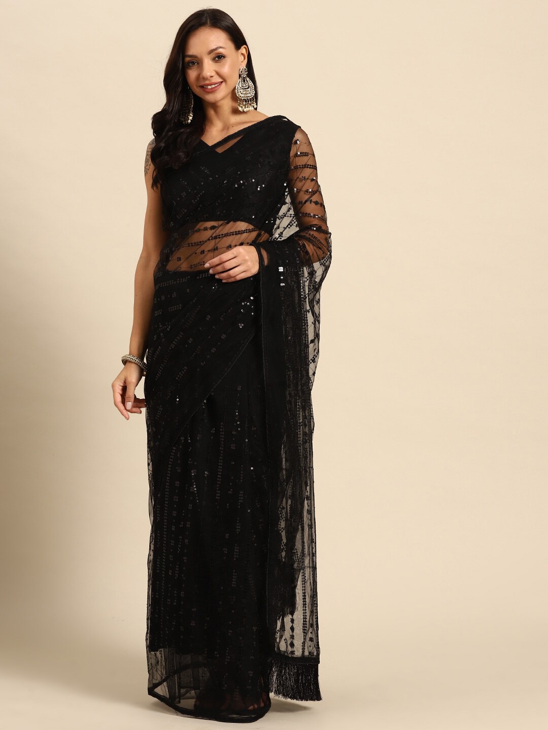 

Purple State Embellished Sequinned Saree, Black