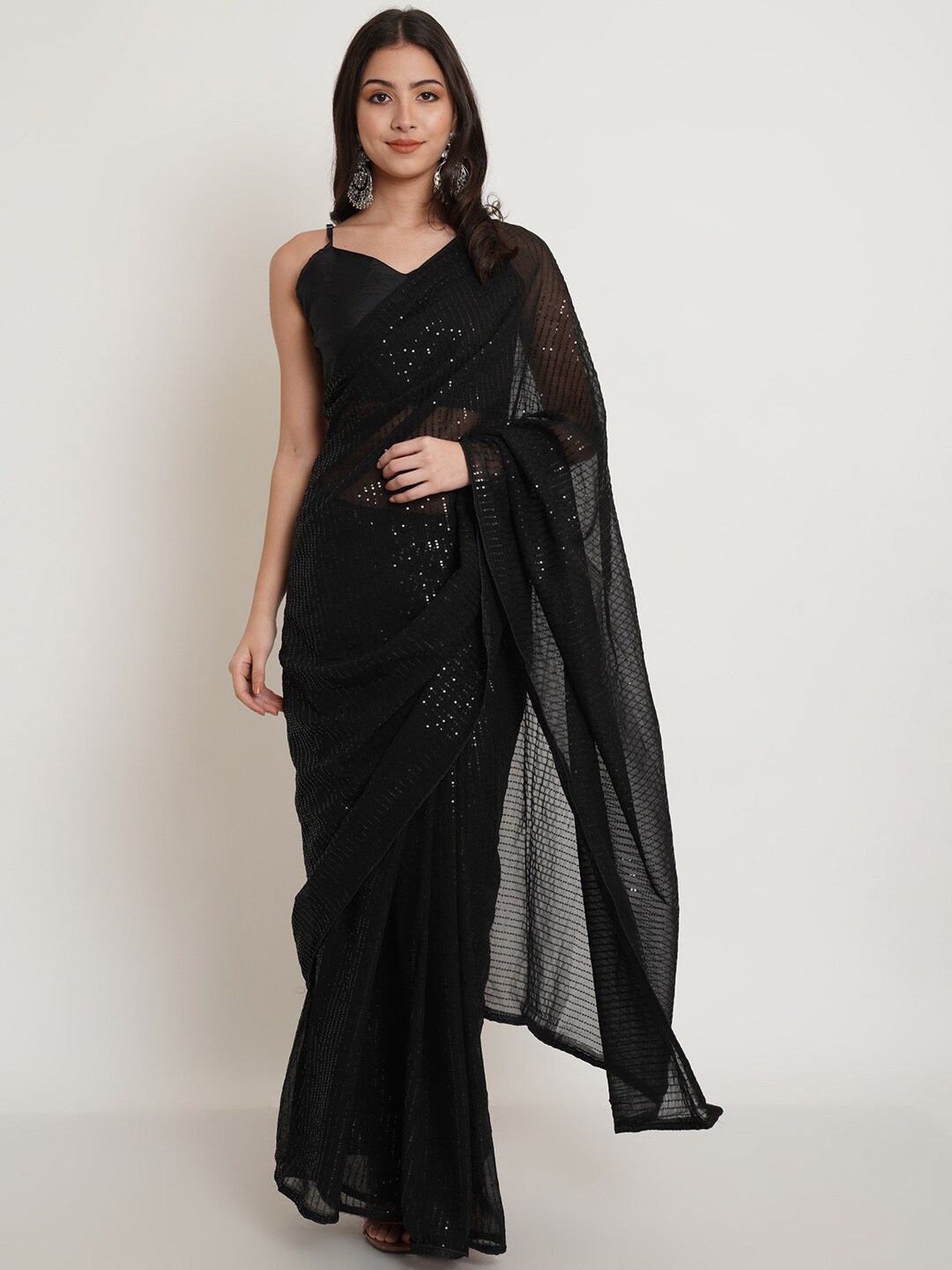 

Purple State Embellished Sequinned Saree, Black