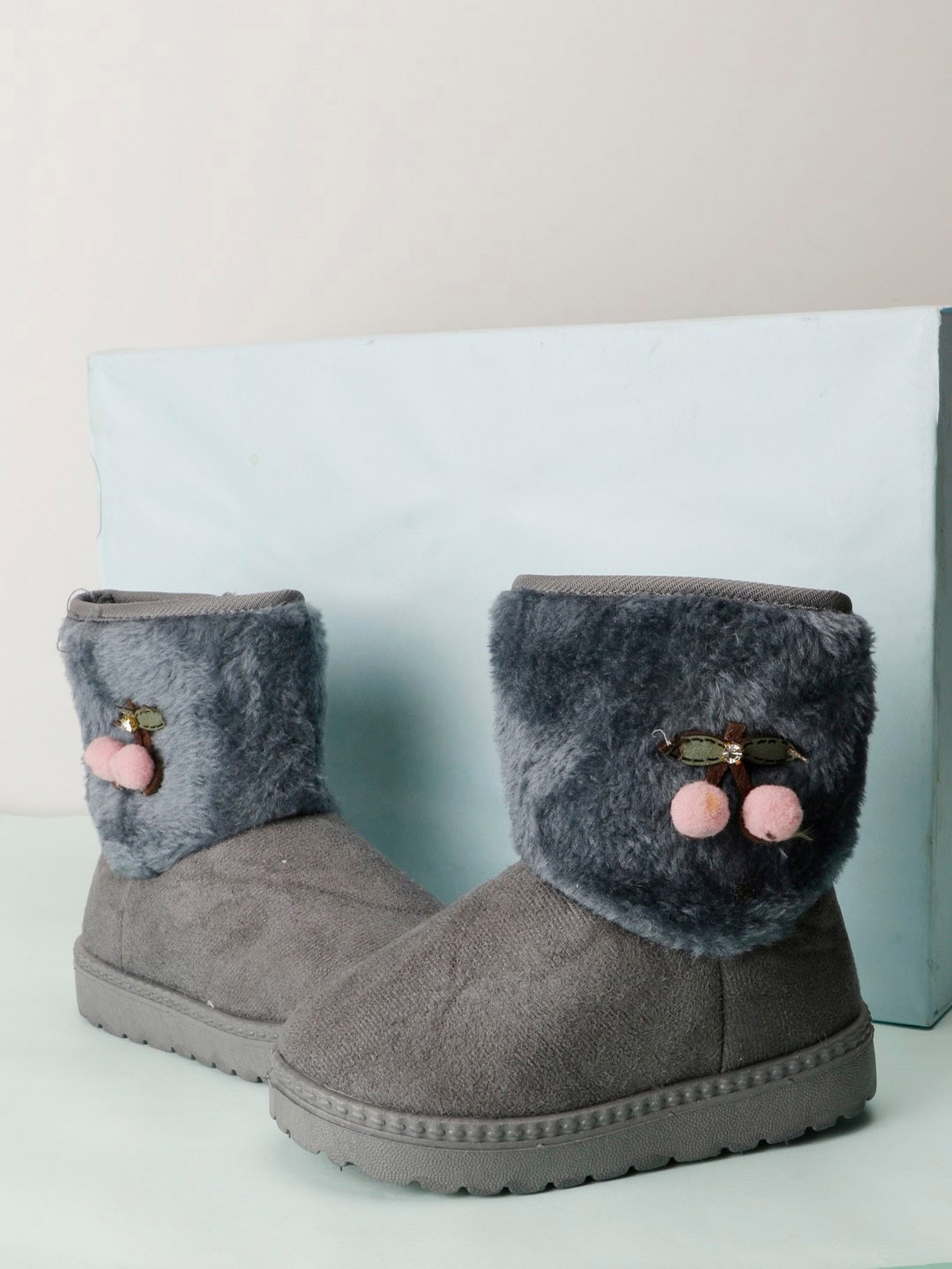 

PASSION PETALS Girls Faux Fur Trim Mid-Top Winter Boots, Grey