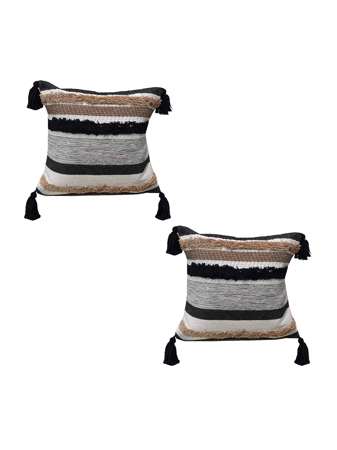 

Home Ecstasy White & Black 2 Pieces Striped Pure Cotton Square Cushion Covers