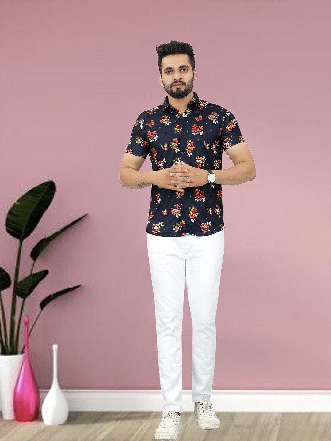 

N N ENTERPRISE Floral Printed India Slim Fit Opaque Casual Shirt, Navy blue