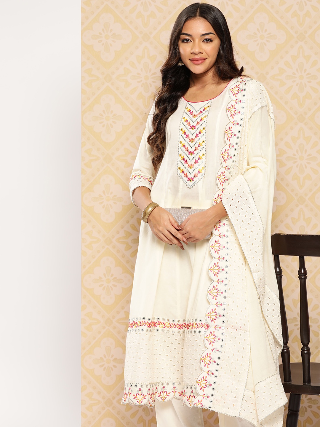 

Yufta Ethnic Motifs Embroidered Mirror Work Schiffli Pure Cotton Kurta Set, Cream