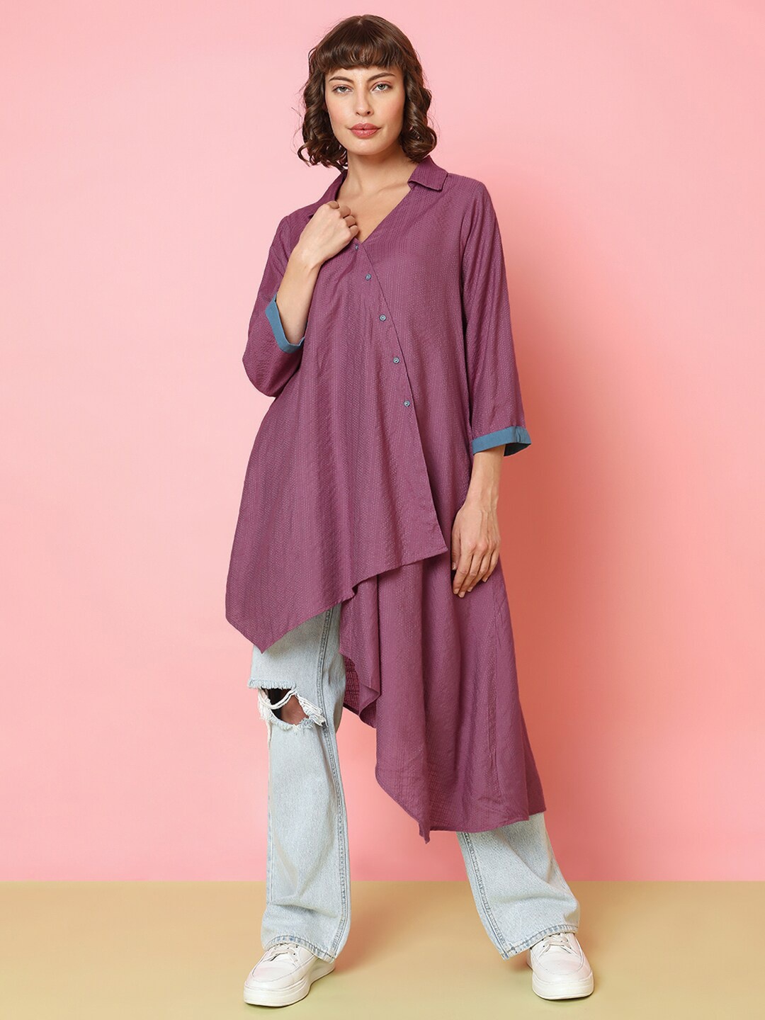 

Indifusion Shirt Collar Three-Quartar Sleeves Asymmetric Kurta, Purple