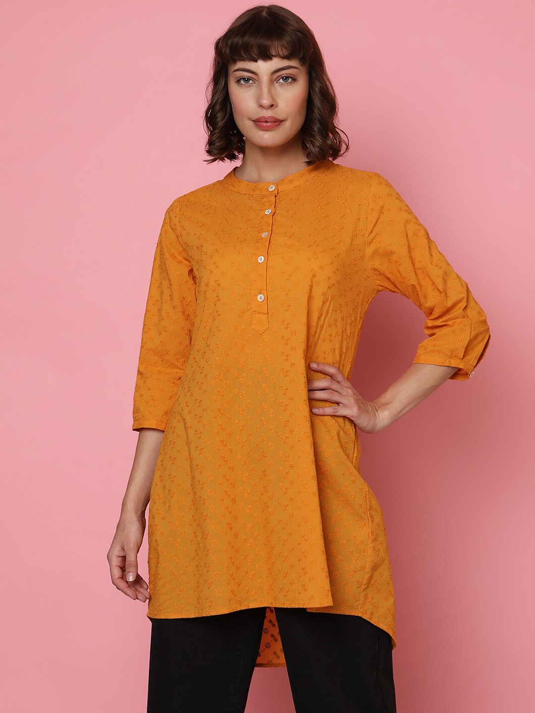 

Indifusion Embroidered Band Collar Straight Kurta, Mustard