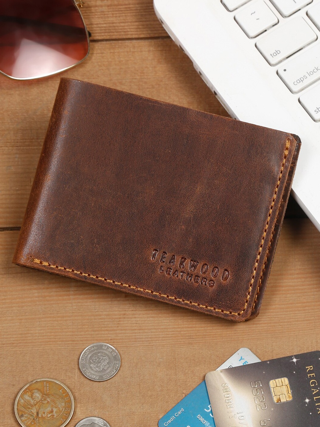 

Teakwood Leathers Men Textured RFID Leather Two Fold Wallet, Brown