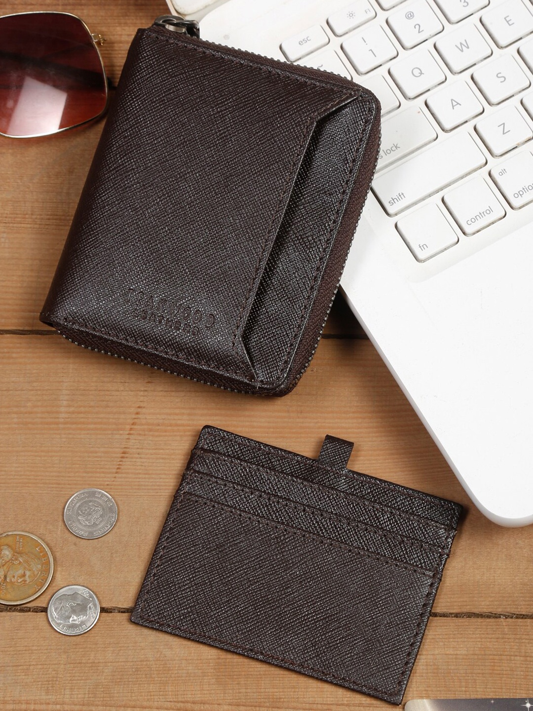 

Teakwood Leathers Men Textured RFID Leather Zip Around Wallet, Brown