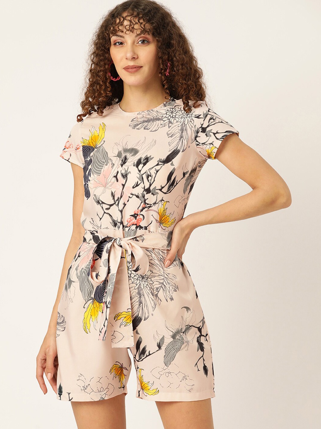 

SIRIKIT Floral Printed Waist Tie-up Playsuit, Beige