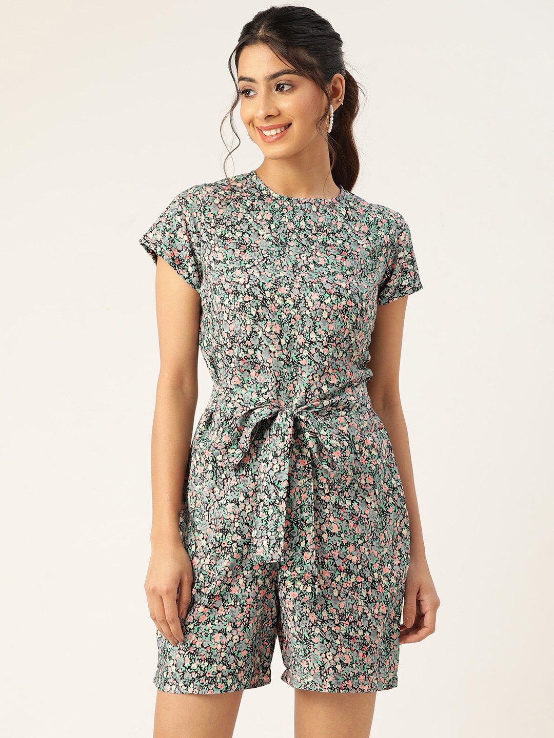 

SIRIKIT Floral Printed Waist Tie-up Playsuit, Green
