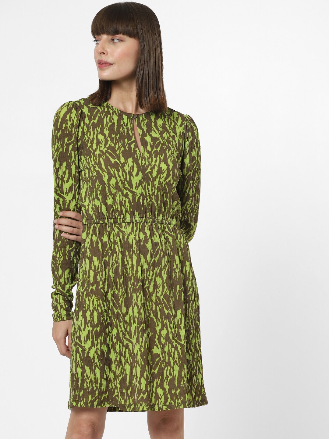 

Vero Moda Abstract Printed Keyhole Neck A-Line Dress, Green