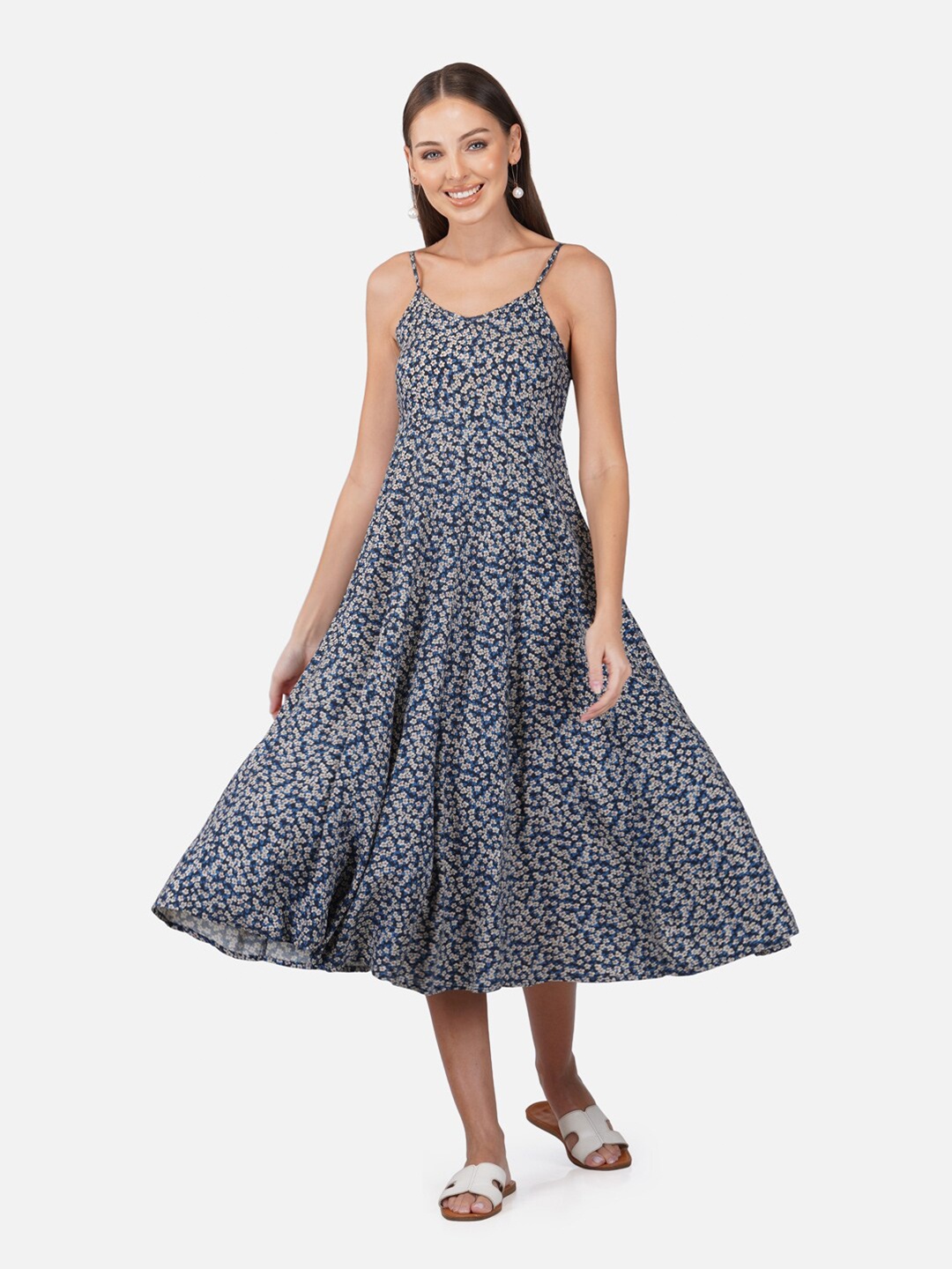 Porsorte Floral Printed Shoulder Straps Fit & Flare Midi Dress, Blue