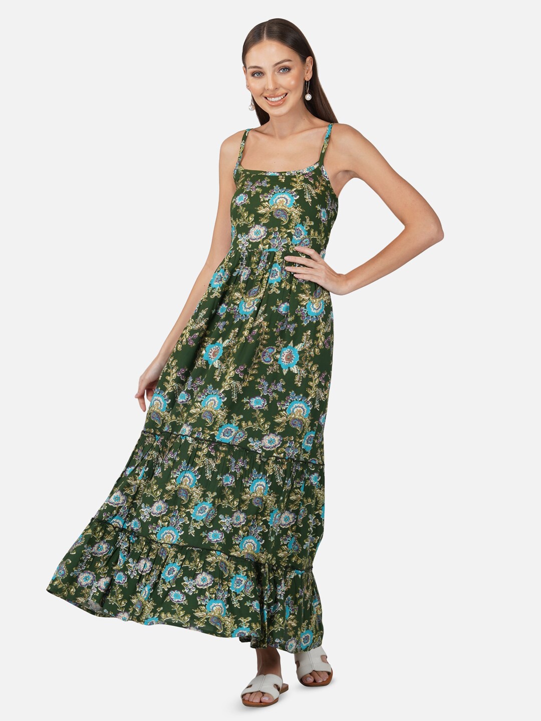 

Porsorte Floral Printed Shoulder Straps Tiered Fit & Flare Maxi Dress, Green