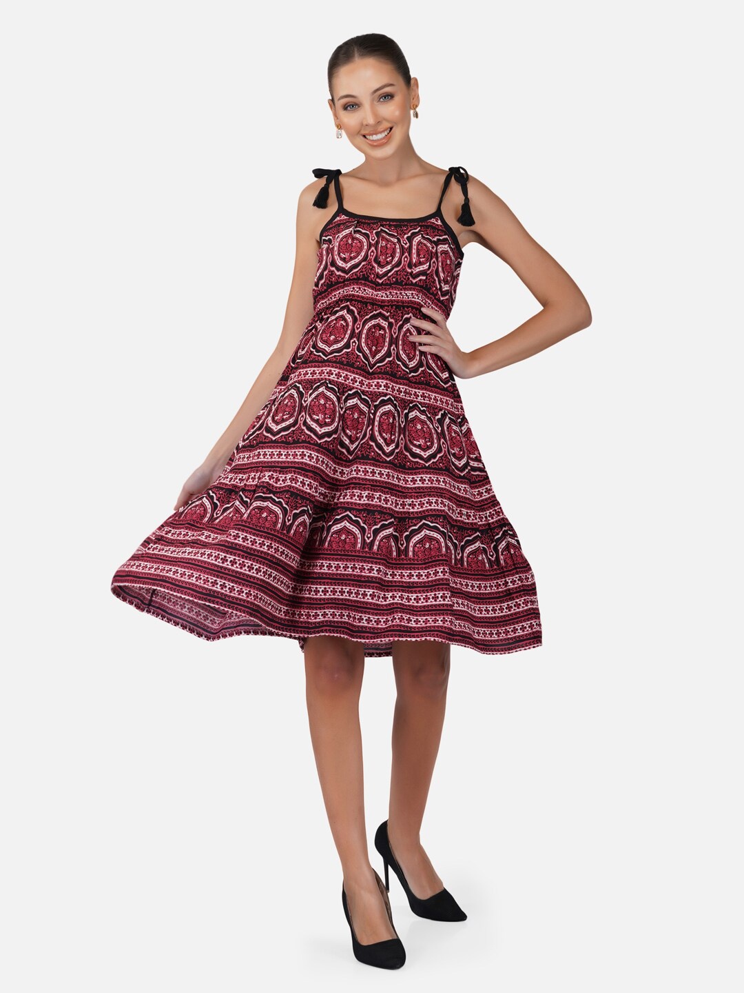 

Porsorte Tribal Printed Shoulder Straps Tie-Ups Detail A-Line Dress, Red