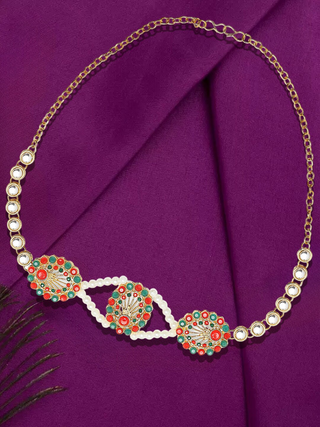 

OOMPH Kundan-Studded & Pearls-Beaded Hair Chain, Gold