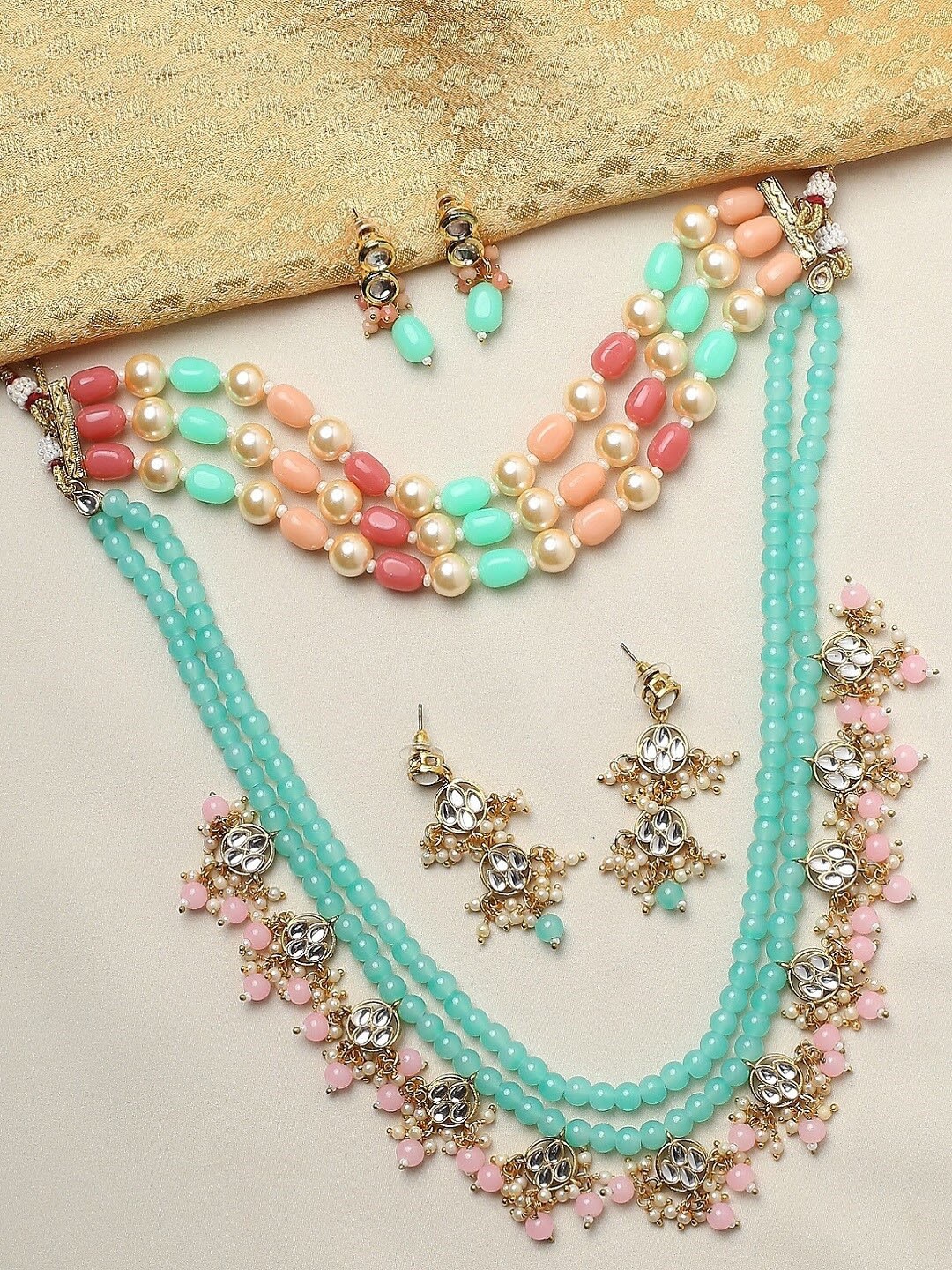 

OOMPH Set Of 2 Kundan-Studded & Beaded Jewellery Set, Gold
