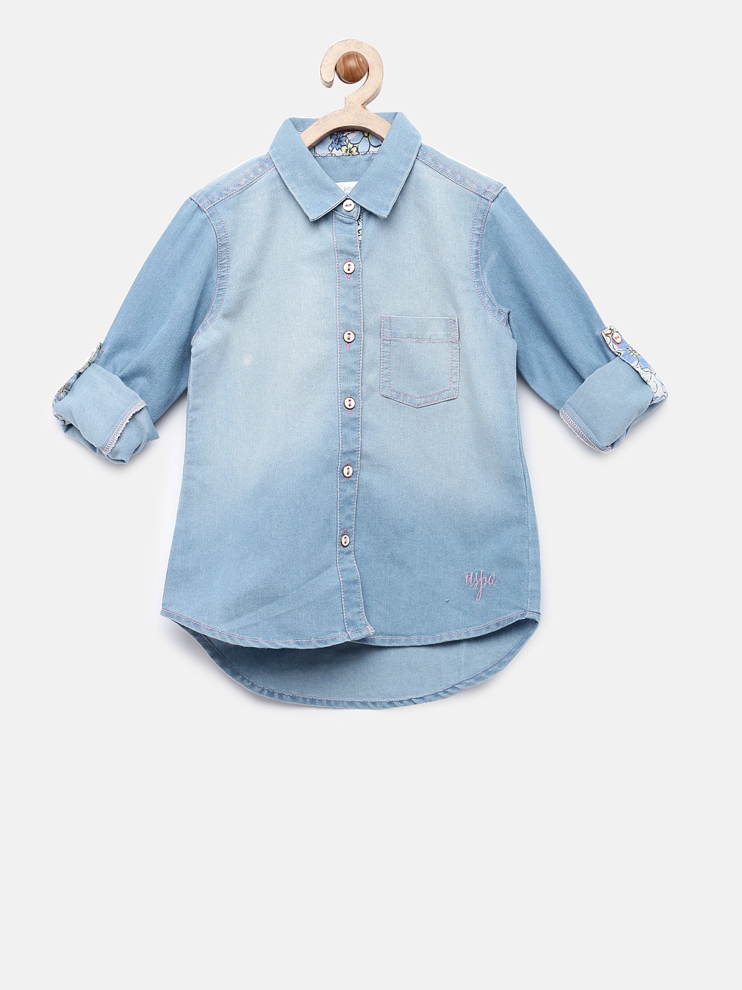 

U.S. Polo Assn. Kids Girls Blue Regular Fit Faded Casual Denim Shirt