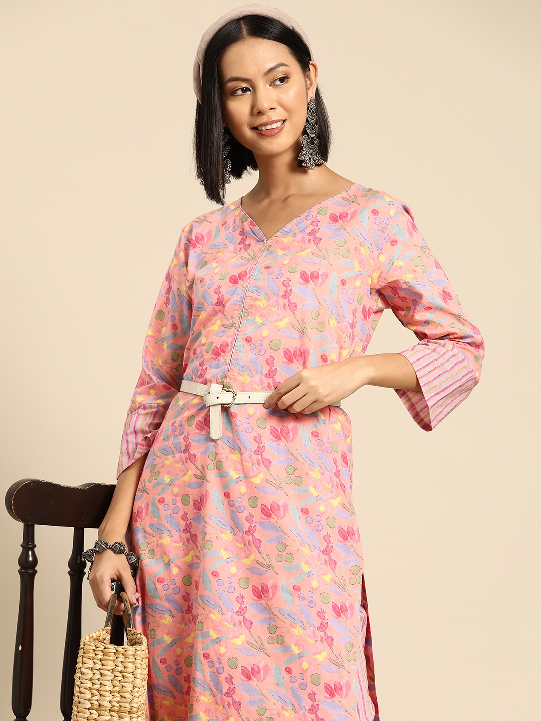 

Sangria Women Pink Floral Printed Regular Pure Cotton Kurta with Palazzos