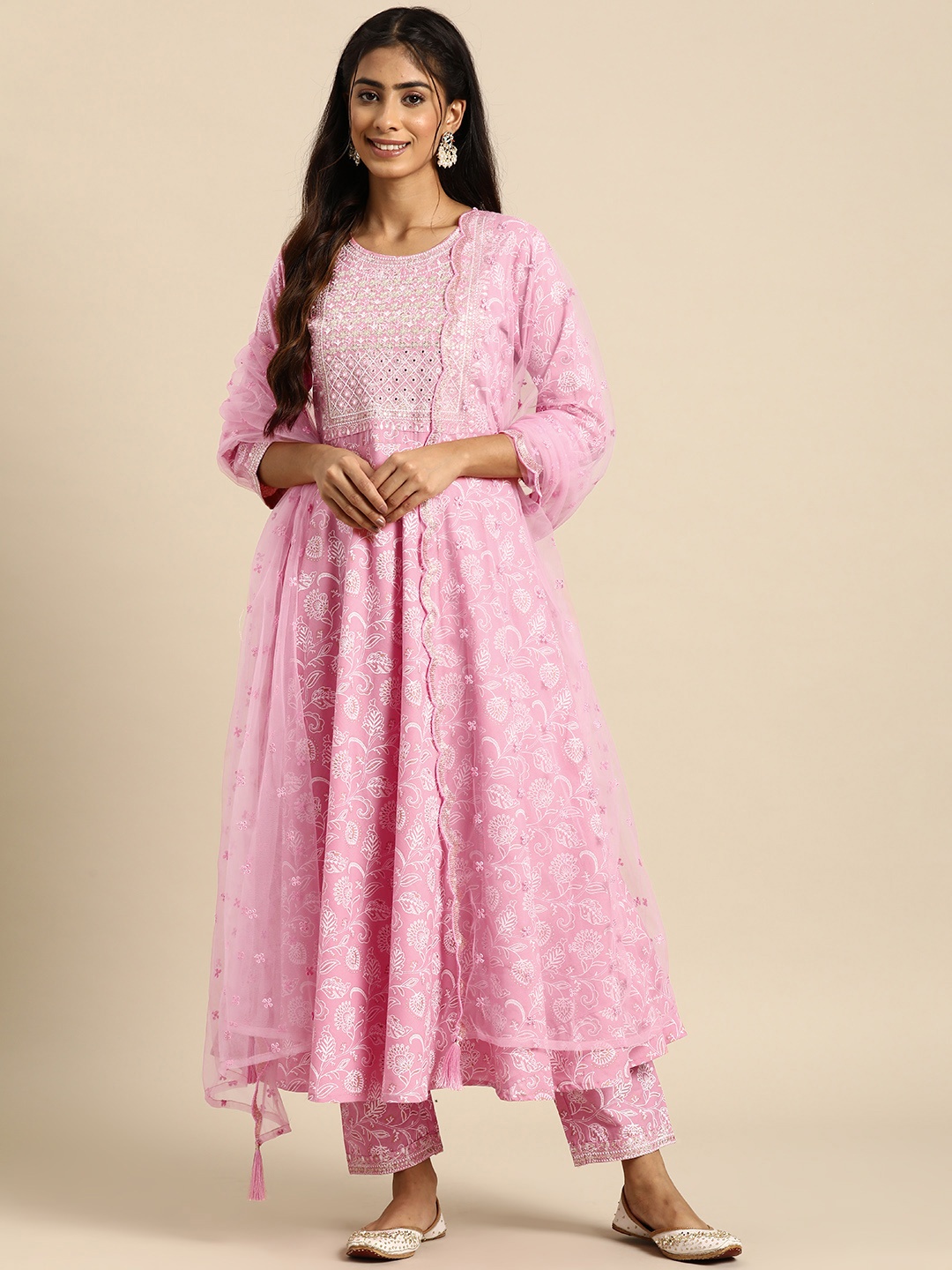 

Nayo Floral Printed Empire Mirror Work Pure Cotton Kurta with Trousers & With Dupatta, Pink