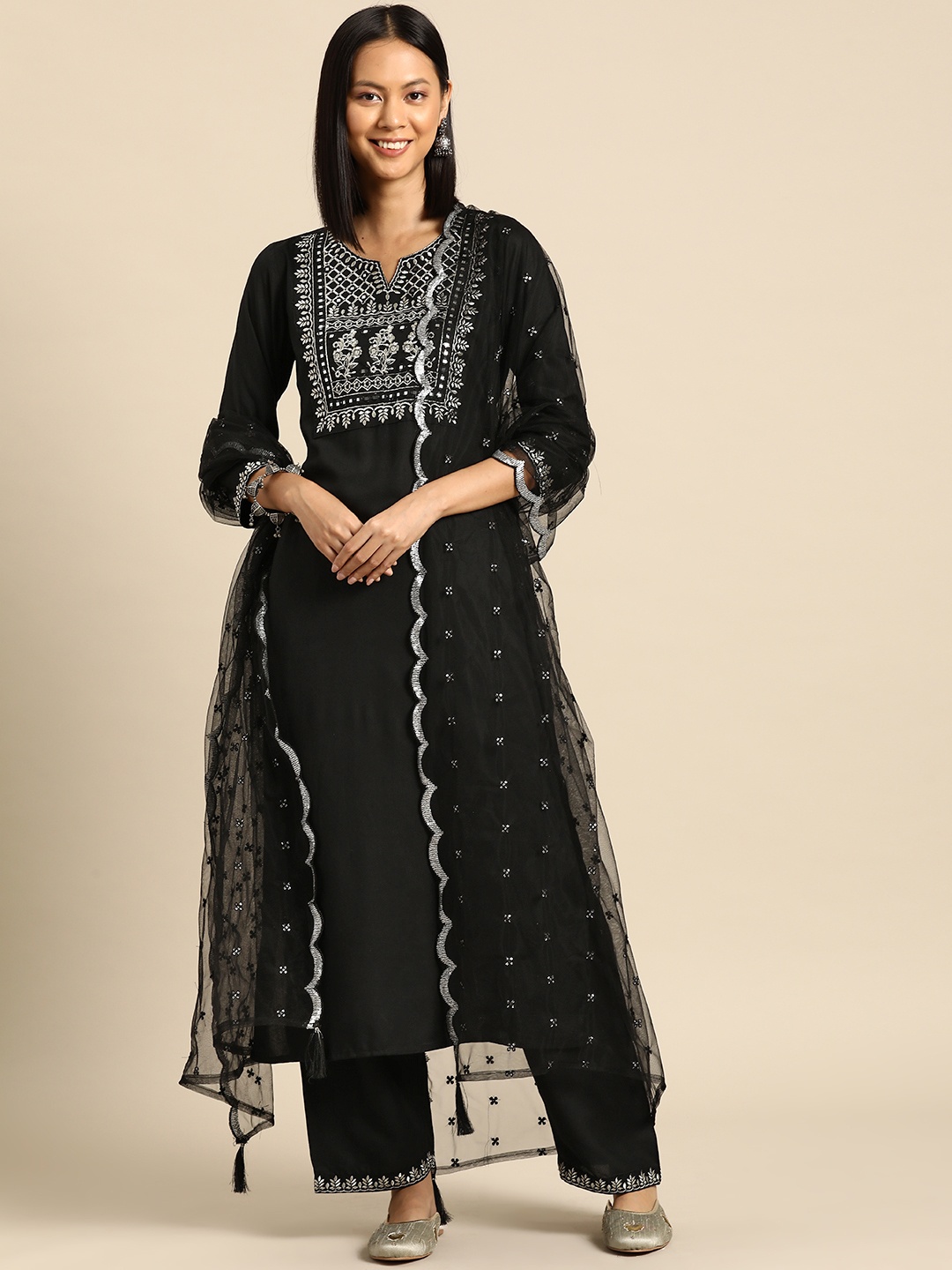 

Nayo Yoke Design Regular Mirror Work Kurta with Palazzos & With Dupatta, Black