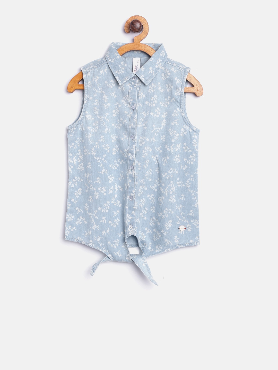 

U.S. Polo Assn. Kids Girls Blue Printed Shirt Style Chambray Pure Cotton Top