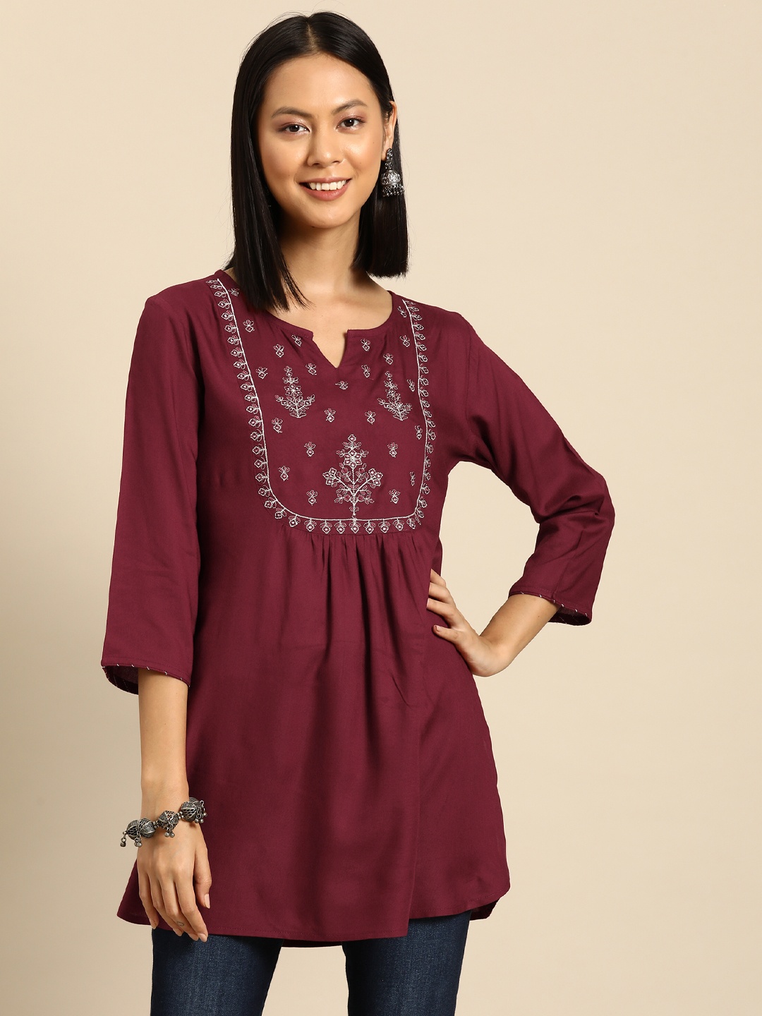 

Nayo Viscose Rayon Embroidered Tunic, Maroon