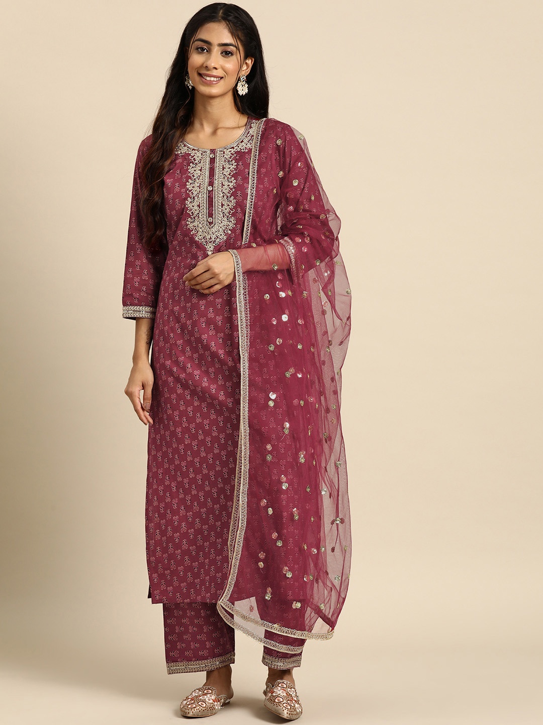 

Nayo Ethnic Motifs Printed Regular Thread Work Pure Cotton Kurta with Palazzos & Dupatta, Burgundy