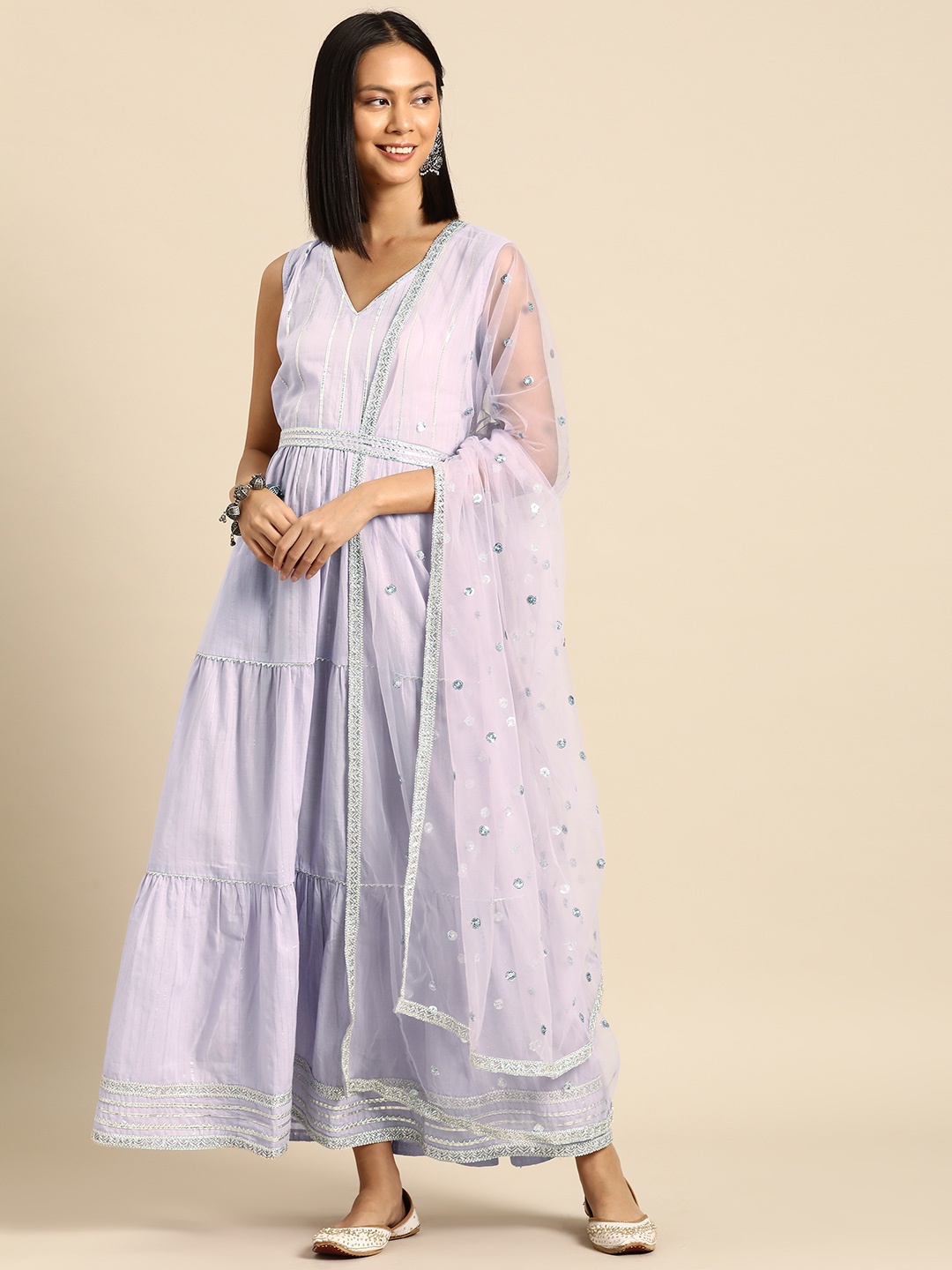 

Nayo Embellished Embroidered Fit & Flare Maxi Dress & Dupatta, Lavender