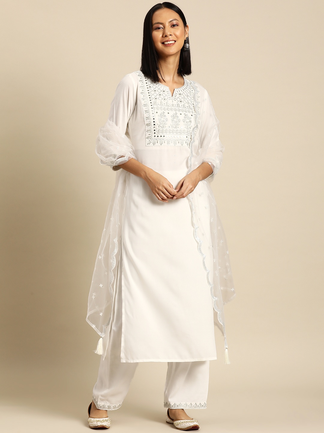 

Nayo Embroidered Regular Thread Work Kurta with Palazzos & With Dupatta, White