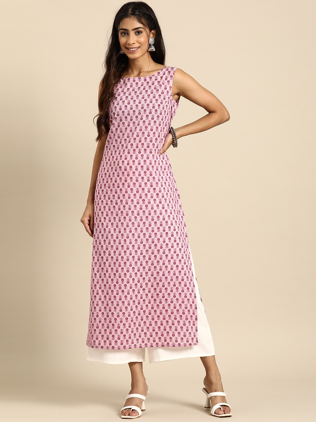 

Nayo Ethnic Motifs Printed Floral Pure Cotton Kurta, Mauve